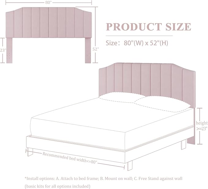 King Size Headboard Only, Velvet Upholstered Headboard King/California King Size Wall Mount and Bed Frame Mount, Featuring High-Density Sponge Padding Easy Assembly Comfort Style-Pink
