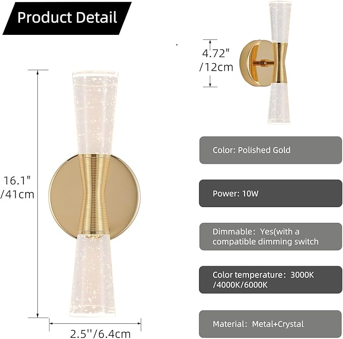 JoollySun Crystal Sconces Wall Lighting with Dimmable 3-Color (3000K-6000K) LED for Bathroom Hallway Bedroom