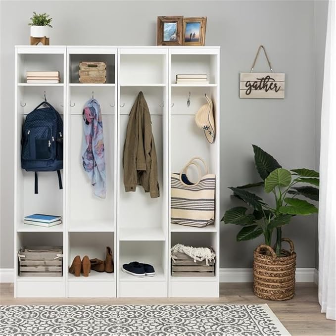 Prepac Narrow Coat Rack Freestanding Hall Tree with 3 Hooks, Entryway Furniture for Coat & Shoe Storage, Entryway Organization with Adjustable Shelf, 14.75"W x 72.5"H x 15.5"D, Set of 4, White