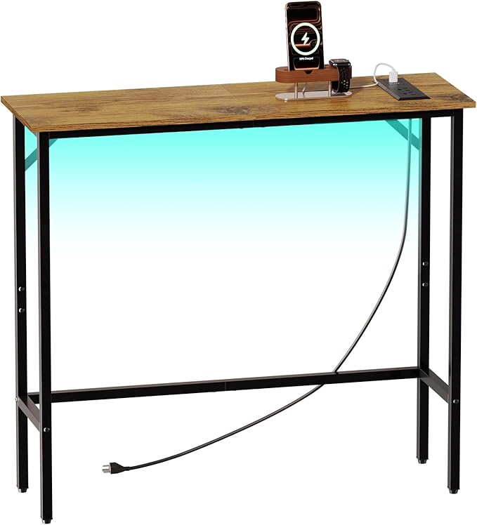Narrow Console Table with Led Light and Charging Station,29.5" Small Entryway Table,Display Table,Entryway Hallway Thin Sofa Table Behind Sofa, Small Spaces, Living Room, Rustic Brown
