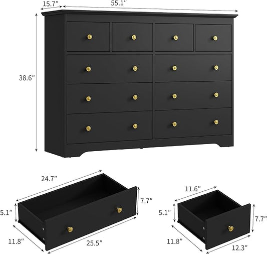 Black Dresser for Bedroom, 10 Drawer Dresser with Large Drawers, 55 Inch Wide Wood Chest for Living Room, Hallway