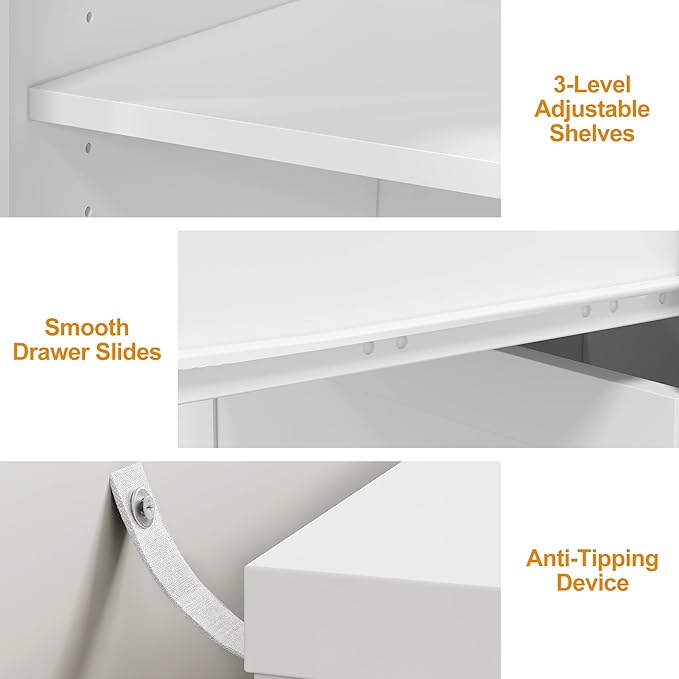 RoyalCraft L Shaped Home Office Desk, Extendable and Rotatable Desk with 3 Drawers and Door, Corner Computer Desk, Modern Study Writing Table for Bedroom, Home Office, White