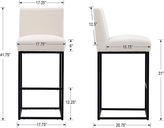 Counter Height Bar Stools Set of 4, Modern Metal Barstools 31 inch Seat Height Island Stools Linen Upholstered Farmhouse Bar Chairs with Back and Metal Legs, Beige
