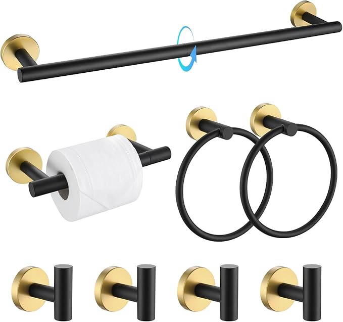 TQKAG 8-Pieces Bathroom Hardware Set Black and Gold SUS304 Stainless Steel Bath Towel Bar Set 23.6 Inch Round Bathroom Accessories Kit Wall Mounted