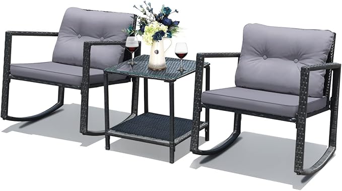 COSTWAY 3 Pieces Patio Rattan Rocking Chair Set, Outdoor Conversation Furniture Sets with Coffee Table, Storage Shelf and Cushions, Modern Bistro Set for Porch, Backyard, Garden, Gray