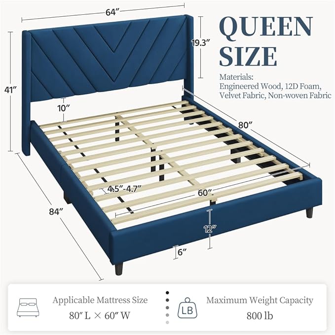 Yaheetech Queen Bed Frame Upholstered Platform Bed with Wing Side/Wooden Slat Support/Tufted Headboard with Wing Side/Mattress Foundation/No Box Spring Needed,Blue Queen Bed
