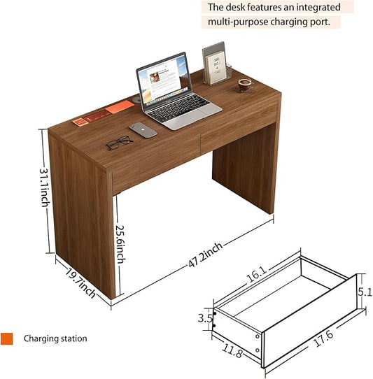 Dongge 47-Inch Office Desk with Pull-Out Outlet, Computer Desk with 2 Sturdy Drawers, Writing/Gaming/Work/Study Desk for Bedroom, Living Room & Home Office, Brown