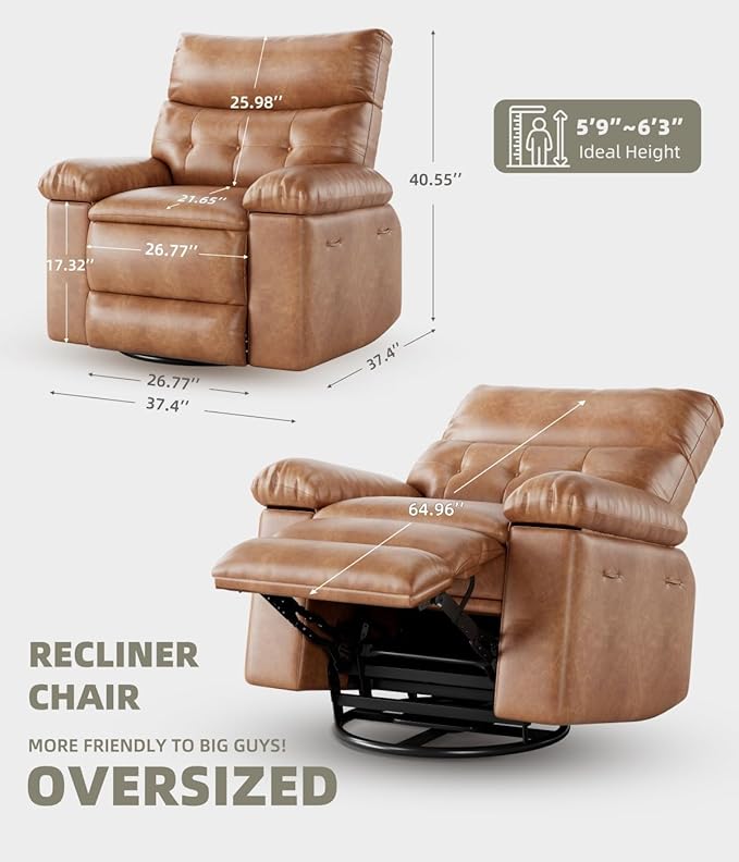 GarveeHome Oversized 27" Recliner Chairs, Classic Manual Leather Recliner, Home Theater Seating with Lumbar & Arms Support for Living Room, Bedroom and Nursery - Coffee
