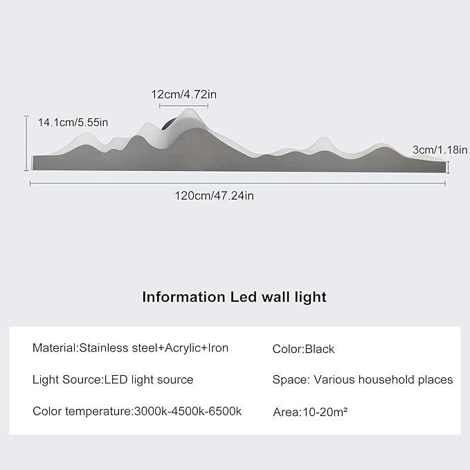 Qcyuui Wall Sconce with Remote Control 47.2inch Dimmable LED Wall Lights Black Led Wall Sconce Indoor Mountain Shape Wall Lamps for Living Room Bedroom Hallway,24W