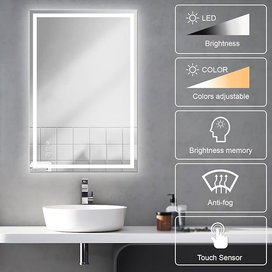 Awoco 48''x32'' LED Bathroom Mirror with Light, Lighted Vanity Mirror with Backlit and Front Light, Dimmable Anti-Fog Memory Function Lighted Mirror with 3 Colors for Bathroom Wall