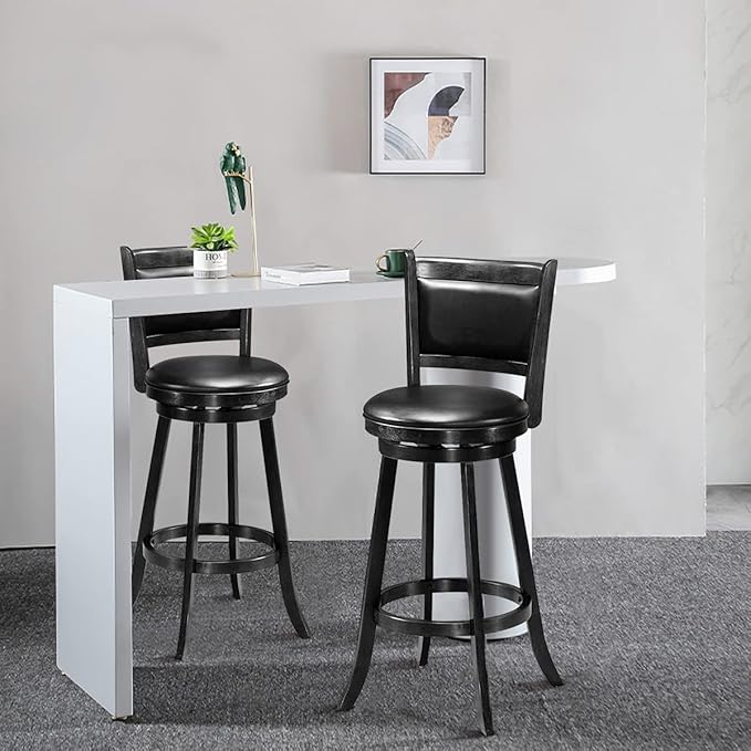 COSTWAY Bar Stools Set of 2, 360 Degree Swivel, Accent Wooden Swivel Back Bar Height Bar Stool, Fabric Upholstered Design, PVC Cushioned Seat (2 stools, Black 29'' Height)
