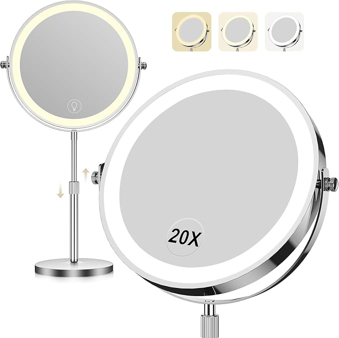 Makeup Mirror with Lights, 1x/20x 360ยฐ Rotation Vanity Mirror, Brightness Adjustable Lighted Makeup Mirror with Magnification, 5000 mAh Rechargeable Double Sided Mirror with 3 Colors, Gift for Women