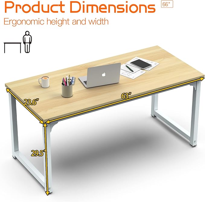 NSdirect 63" Computer Desk,Large Home Office Desk Wide Workstation 1 inch Thicker Tabletop for Writing,Games and Home Work PC Desk Modern Finish Wood Board and Sturdy Steel Legs,Oak+White