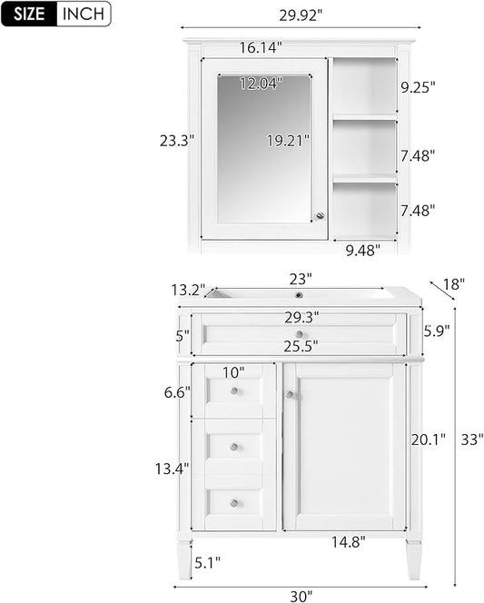 30" Bathroom Vanity with Matching Medicine Cabinet, Modern Sink Storage Cabinet with Drawers, Soft Closing Doors and Shelf, Bathroom Vanities with Sink & Mirror