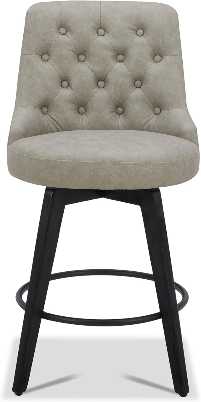 Watson & Whitely Modern Swivel Bar Stools, Faux Leather Upholstered Counter Height Bar Stools with Back, Solid Wood Legs, 26" H Seat, Set of 2, Stone Grey