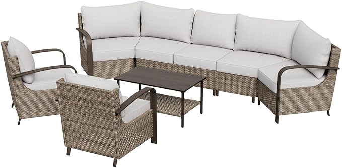 COOS BAY Aurora Terrace Half-Moon Outdoor Furniture Set, Rattan Conversation Set with Patio Chairs, Curved 5-Seat Sofa, Coffee Table, Seats 7, Beige/Beige