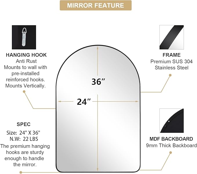 ANDY STAR Arched Mirror, 24 x 36 Inch Black Wall Mirror in Stainless Steel Metal Frame, Arch Top Rounded Corner 1 Inch Deep Set Design Wall Mount Hangs Vertical