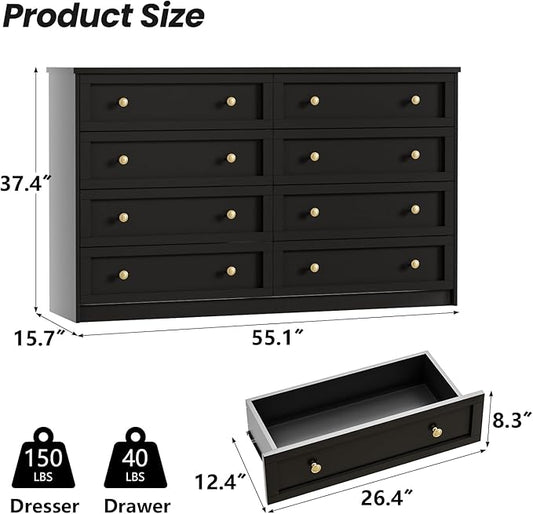 CHUWELL 8 Drawer Dresser for Bedroom, 55.1" Wide Black Dressers & Large Chests of Drawers with Large Capacity Storage,Dresser for Bedroom