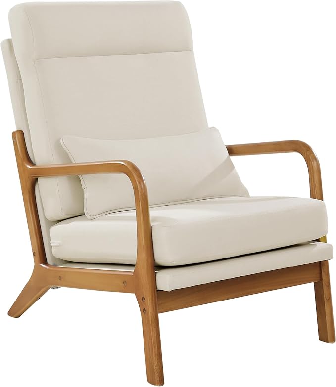 VEVOR Accent Chair, High Back Mid Century Modern Armchair with Solid Wood Frame and Non-Slip Legs, Upholstered Leisure Chair with Linen Fabric and 5.3 in Thickened Cushion, for Living Room, Bedroom