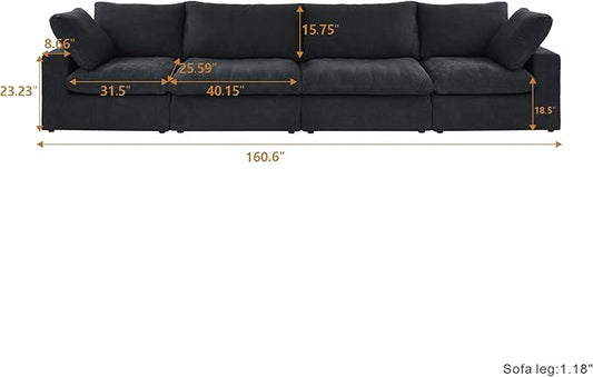 160.6" Cloud Modular Sectional Sofa with Thick Cushion, Wide 4-Seater Minimalist Couch,Convertible Couch Deep Seat Couches for Modern Living Room Sofa Sets for Office House,Black