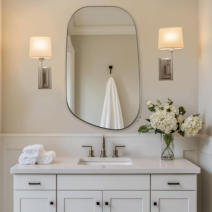 ANDY STAR 24"x40" Asymmetrical Wall Mirror,Brushed Nickel Irregular Bathroom Mirror with Stainless Steel Metal Frame, Wall-Mounted Mirror for Bathroom, Entryway (Horizontal/Vertical)