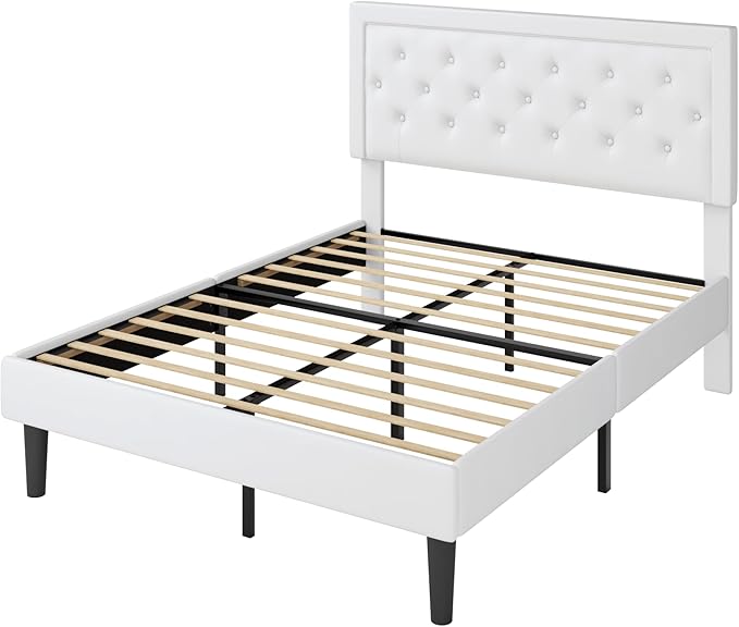 Allewie Full Size Velvet Upholstered Bed Frame with Adjustable Headboard, Diamond Tufted Design, Wood Slat Support, Noise-Free EVA Strip, Easy Assembly, White