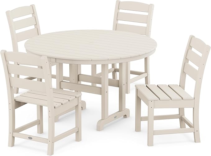 POLYWOOD Lakeside 5-Piece Round Dining Set, 48" Table with 4 Chairs, Outdoor Patio Furniture, Recycled Plastic, Fade-Proof All-Weather, Sand