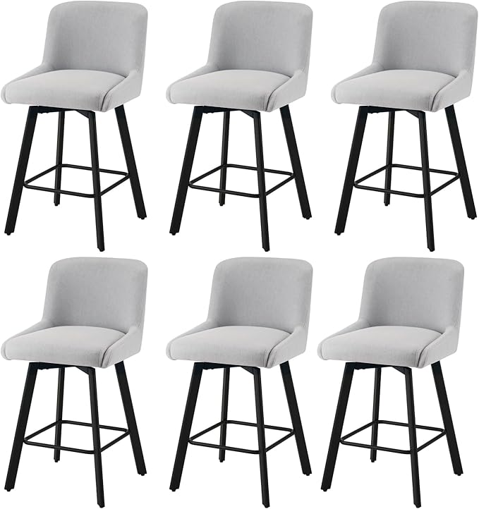 Swivel Bar Stools Set of 6, 26''H Upholstered Barstools with Backs, Modern Counter Height Bar Stool Chairs for Kitchen Island, Metal Legs, Fabric, Light Gray Counter Stools
