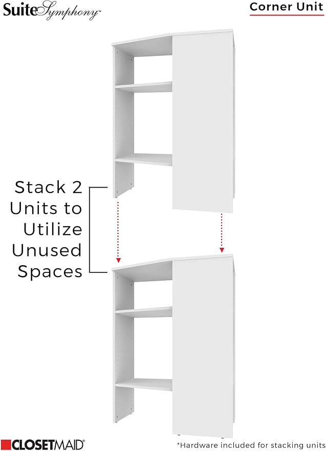 ClosetMaid SuiteSymphony Wood Corner Shelf Unit, 2 Shelves, Adjustable, Stacking, For Storage, Closet, Clothes, Shoes, Décor, Natural Gray