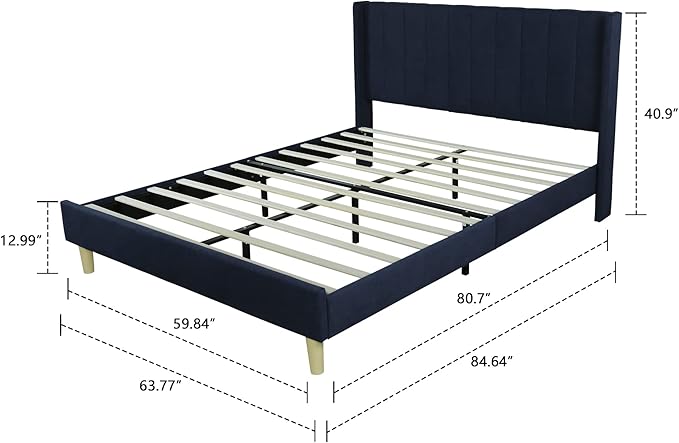Low Profile Upholstered Platform Bed,Queen Beds with Dark-Blue(Linen)