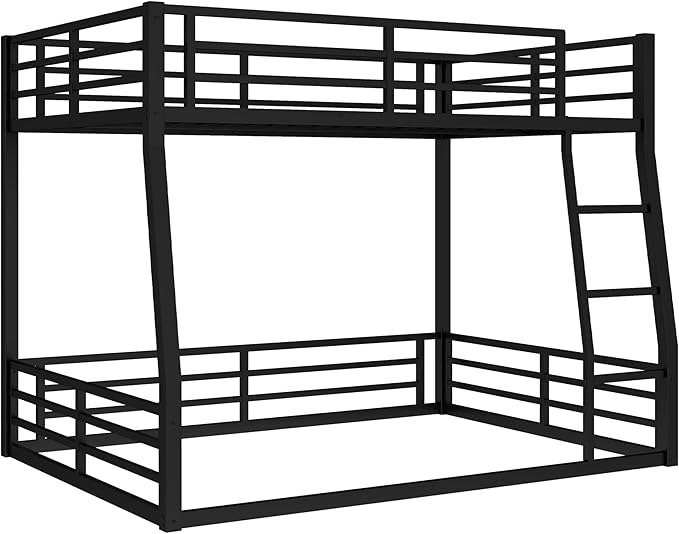 Full XL Over Queen Bunk Bed Frame with Noise Reduced Design, Heavy Buty Floor Bunk Bed Full XL Over Queen Bunk Beds with Build in Ladder for Adults, Teens(Black Floor Bunk Bed)