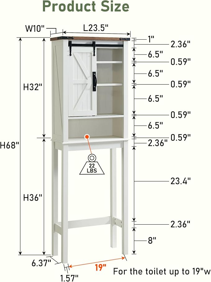 OKD Over The Toilet Storage Cabinet, Farmhouse Storage Cabinet Over Toilet with Sliding Barn Door & Adjustable Shelves, Home Space Saver for Bathroom, Living Room, Rustic Oak with Antique White