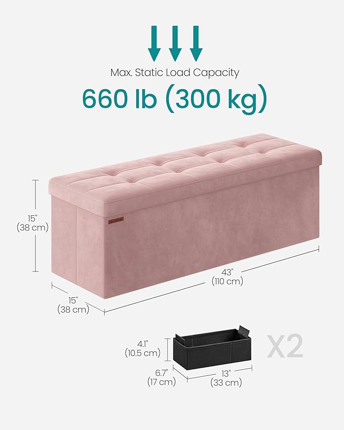 SONGMICS Mazie Collection - Storage Ottoman Bench, Foldable Foot Rest, 15 x 43 x 15 Inches, End of Bed Bench, Storage Chest, Load 660 lb, Living Room, Bedroom, Entryway, Jelly Pink ULSF277R01