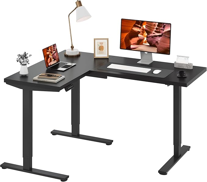 L-Shaped Standing Desk, 63 x 47 Inches Height Adjustable Desk, Sit and Stand up for Work Office Home, Ergonomic Rising Computer Table for Home Office with Splice Board, Black