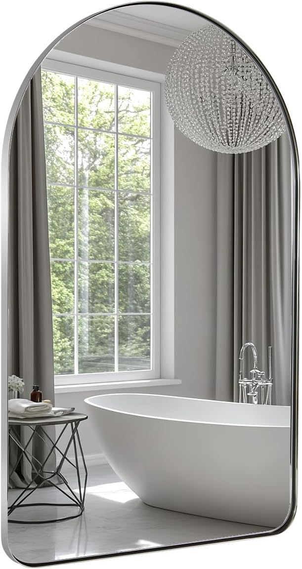 ANDY STAR Chrome Bathroom Mirror, 20" x 30" Arch Mirror in Stainless Steel Metal Frame, Chrome Arched Bathroom Mirror for Wall, Arch Top Rounded Corner 1" Deep Set Design Wall Mount Hangs Vertical
