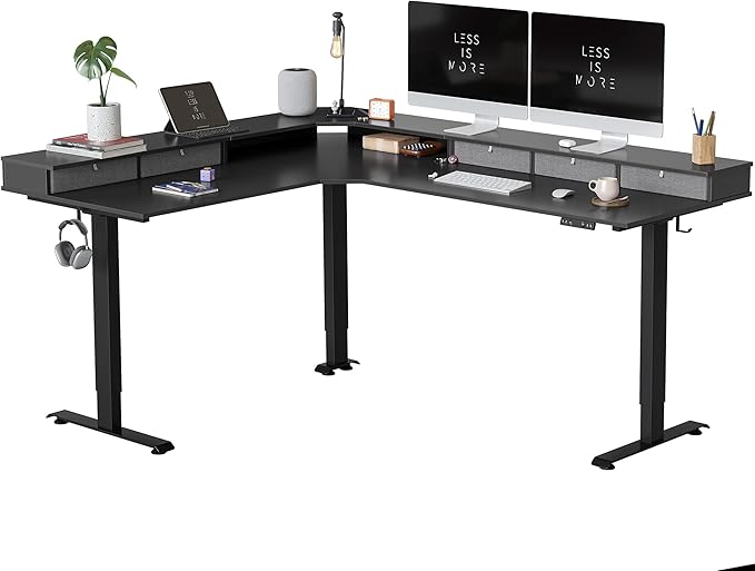 FEZIBO 75", 265lbs Load Capacity, L Shaped Standing Desk with Drawers, Reversible Electric Standing Gaming Desk Adjustable Height, Corner Stand up Desk with Splice Board, Black Frame/Black Top