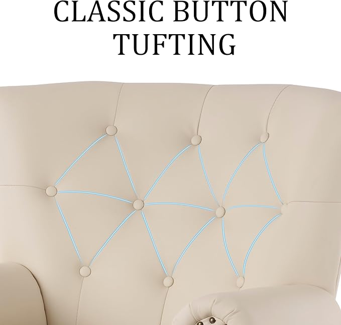 Modern Faux Leather Accent Chair, Upholstered Mid-Century Armchair with Solid Wood Legs, Single Sofa Chair for Living Room, Bedroom, or Reading Room(Ivory White)