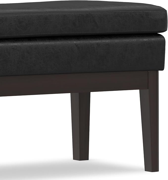 SIMPLIHOME Carlson 45-inch Wide Vegan Faux Leather Ottoman Bench in Distressed Black with Solid Wood Frame for Living Room, Entryway, or Bedroom
