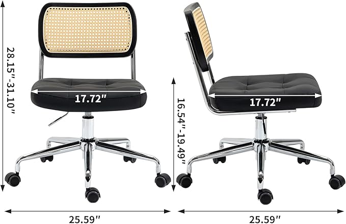 Mid Century Modern Home Office Chair with Wheels, Armless Leather Rattan Desk Chair, Upholstered Adjustable Height Swivel Computer Chair, Black