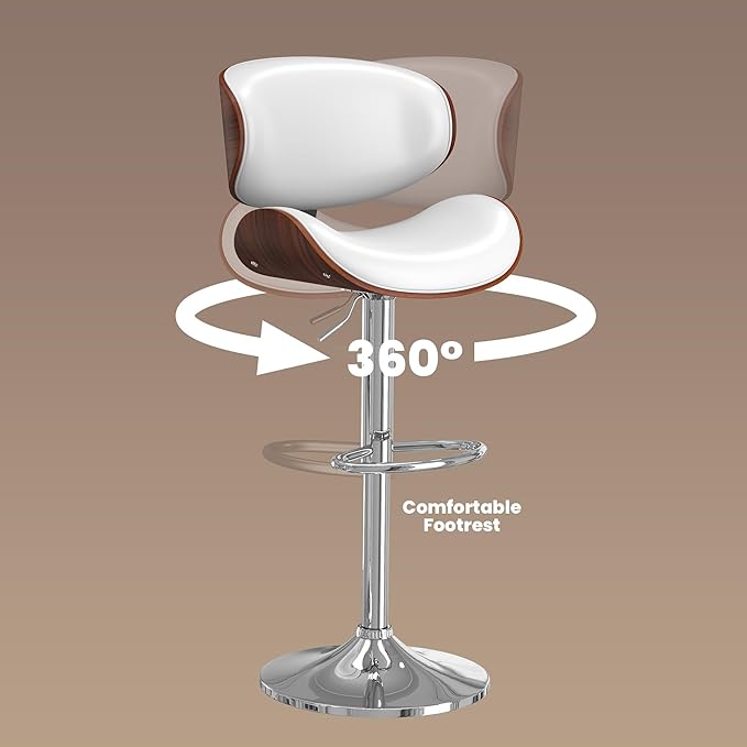 Bar Stools Set of 2, Bar Stools for Kitchen Island with Bentwood Back and Leather Seat, Swivel Barstools for Kitchen Counter, Bar, White