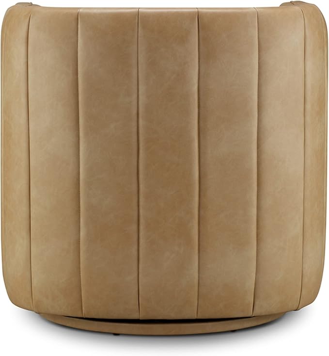 CHERS Rivet Mid-Century Modern Swivel Armchair, Channel-Tufted Faux Leather Accent Chair, 360-Degree Rotating Lounge Chair with Ergonomic Design for Living Room, Bedroom, Home Theater, Nude