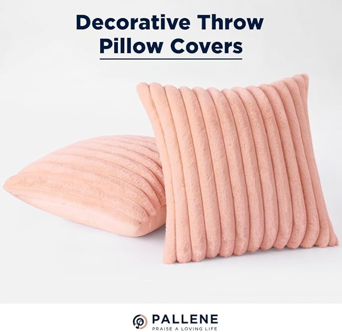 Pallene Faux Fur Plush Throw Pillow Covers 24x24 Set of 2, Luxury Soft Fluffy Striped Decorative Pillow Covers for Sofa, Couch, Living Room, Pink
