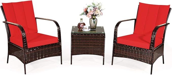COSTWAY 3 Pieces Patio Rattan Furniture Set, Outdoor Conversation Chair Set with Coffee Table & 2 Cushions for Backyard, Porch, Poolside, Lawn, Garden, Red