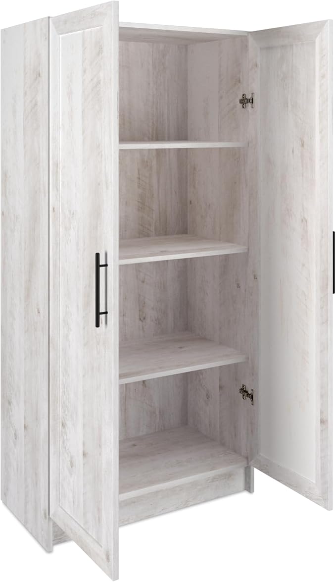 Prepac Elite Storage Accent Cabinet with Panel Doors, Rustic White Cupboard, Bathroom Cabinet, Pantry Storage with 3 Shelves 16.75" D x 32" W x 65" H