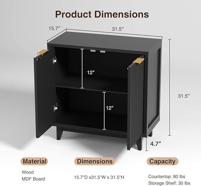 Fluted Cabinet with Storage, 2 Doors Sideboard Buffet, Mid Century Modern Accent Cabinet with Adjustable Shelves, Multifunctional Console Table with Storage for Living Room, Kitchen, Entryway