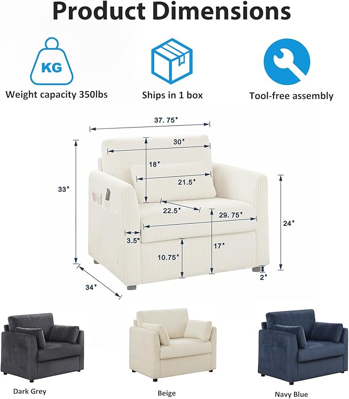 Living Room Sofa Set, Corduroy 3-Seat Couch with Set of 2 Accent Side Chairs, Soft Pillows and Side Pockets, Modern Living Room Furniture Sets for Apartment, Small Spaces, Navy Blue
