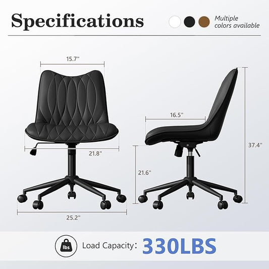 Armless Desk Chair, Armless Office Chair with Wheels, Small Desk Chair No Arms for Home Office, Swivel Vantiy Chair with Backs for Bedroom, Rolling Task Chair for Small Space, Black