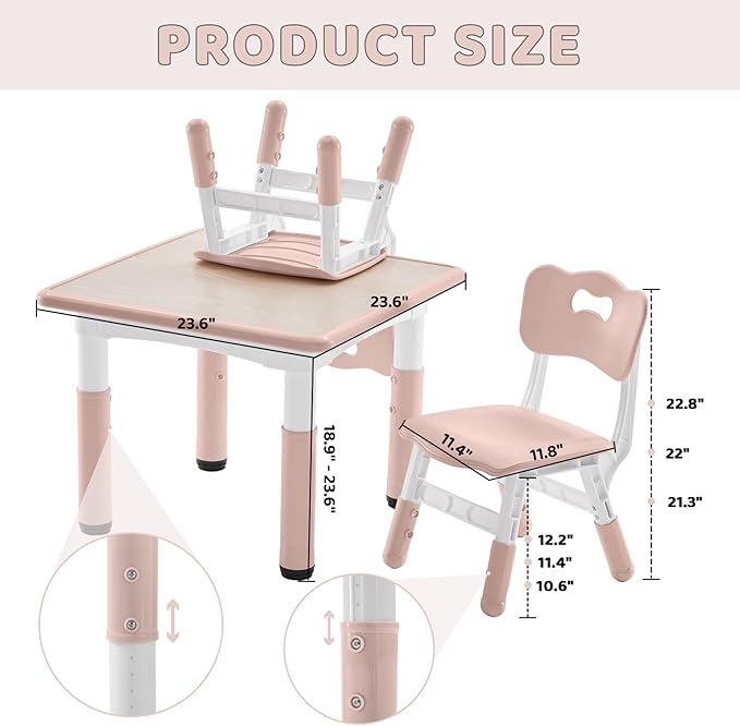 Kids Table and 2 Chairs Set, Height-Adjustable Toddler Table and Chair Set with Graffiti Desktop, 23.6''L x 23.6''W Children Activity Table for Daycare, Classroom, Home