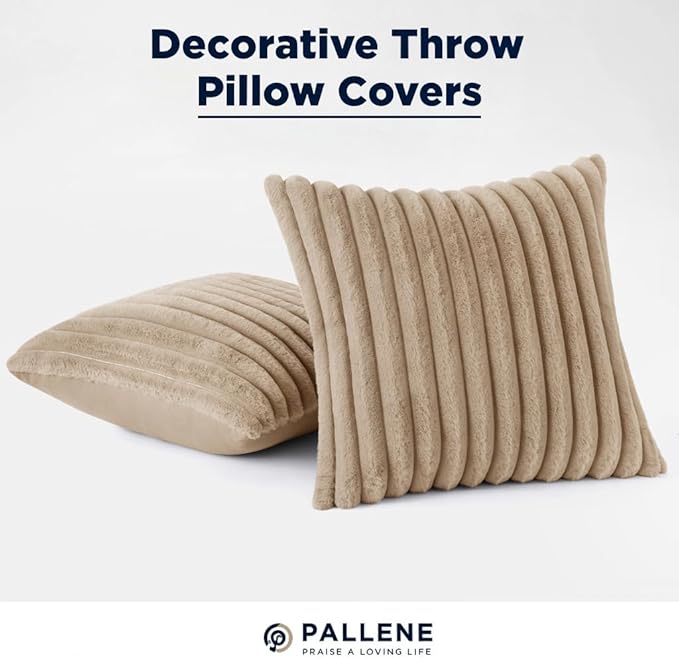 Pallene Faux Fur Plush Throw Pillow Covers 24x24 Set of 2, Luxury Soft Fluffy Striped Decorative Pillow Covers for Sofa, Couch, Living Room, Khaki