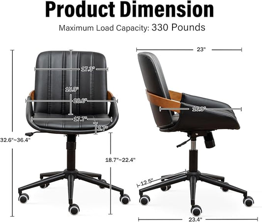 Small Home Office Chair No Arms,PU Leather Desk Chair with Wheels,Adjustable Height Work Chair,360° Swivel Computer Desk Chair for Office, Reading and Study (Black)
